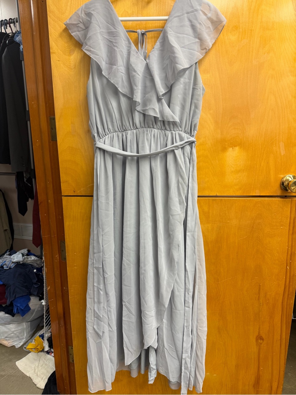 Simplee Apparel Light Gray Ruffle V-Neck Maxi Dress